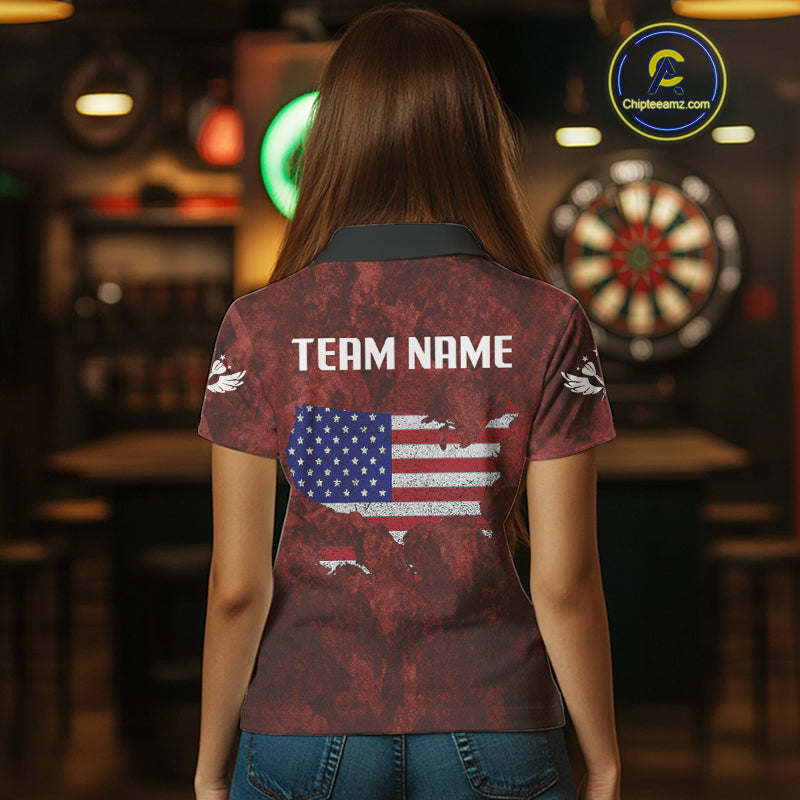 US Flag & Map Dartboard Women's Red Darts Shirt - Custom Name For Darts Jersey NYN0524