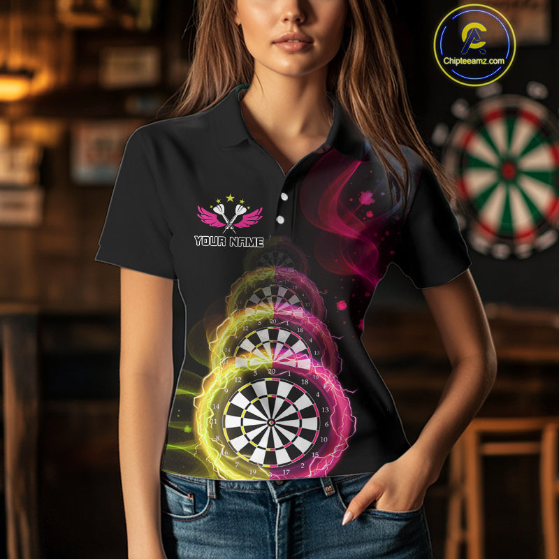 Custom Pink & Yellow Lightning Dartboards Dart Shirt For Women, Colorful Dart Jersey NYN1044