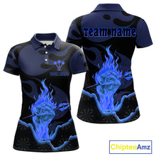 Load image into Gallery viewer, Custom Blue Flaming Dart Arrow Polo &amp; 1/4-Zip Darts Shirts Outfit Darts Jersey For Women NYN1051