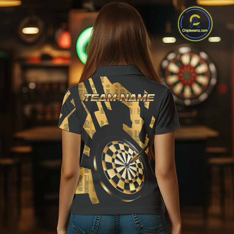 Gold Dartboard & Arrow Women's Darts Polo Shirt - Custom Name For Players NYN0747