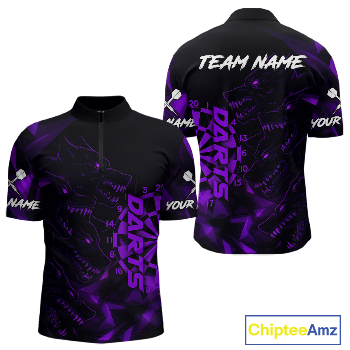 Custom Black And Purple Wolf Dartboard Dart 1/4-Zip Jersey For Men Outfits Dart Team Jerseys NYN1399