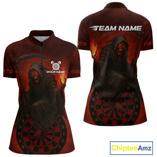 Custom Red Flames Skeleton Dartboard Dart 1/4-Zip Shirt For Women Dart Tournament Jerseys NYN1409