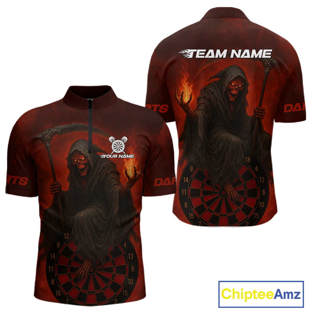 Custom Red Flames Skeleton Dartboard Dart 1/4-Zip Shirt For Men Dart Tournament Jerseys NYN1409