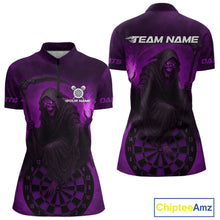Load image into Gallery viewer, Custom Purple Flames Skeleton Dartboard Dart 1/4-Zip Shirt For Women Dart Tournament Jerseys NYN1410