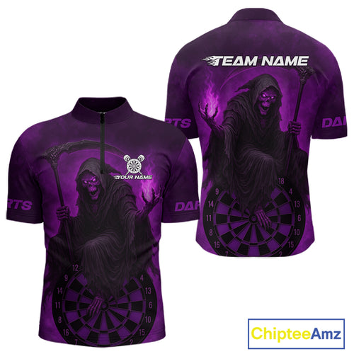 Custom Purple Flames Skeleton Dartboard Dart 1/4-Zip Shirt For Men Dart Tournament Jerseys NYN1410