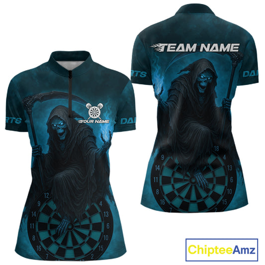Custom Turquoise Flames Skeleton Dartboard Dart 1/4-Zip Shirt For Women Dart Tournament Jerseys NYN1411