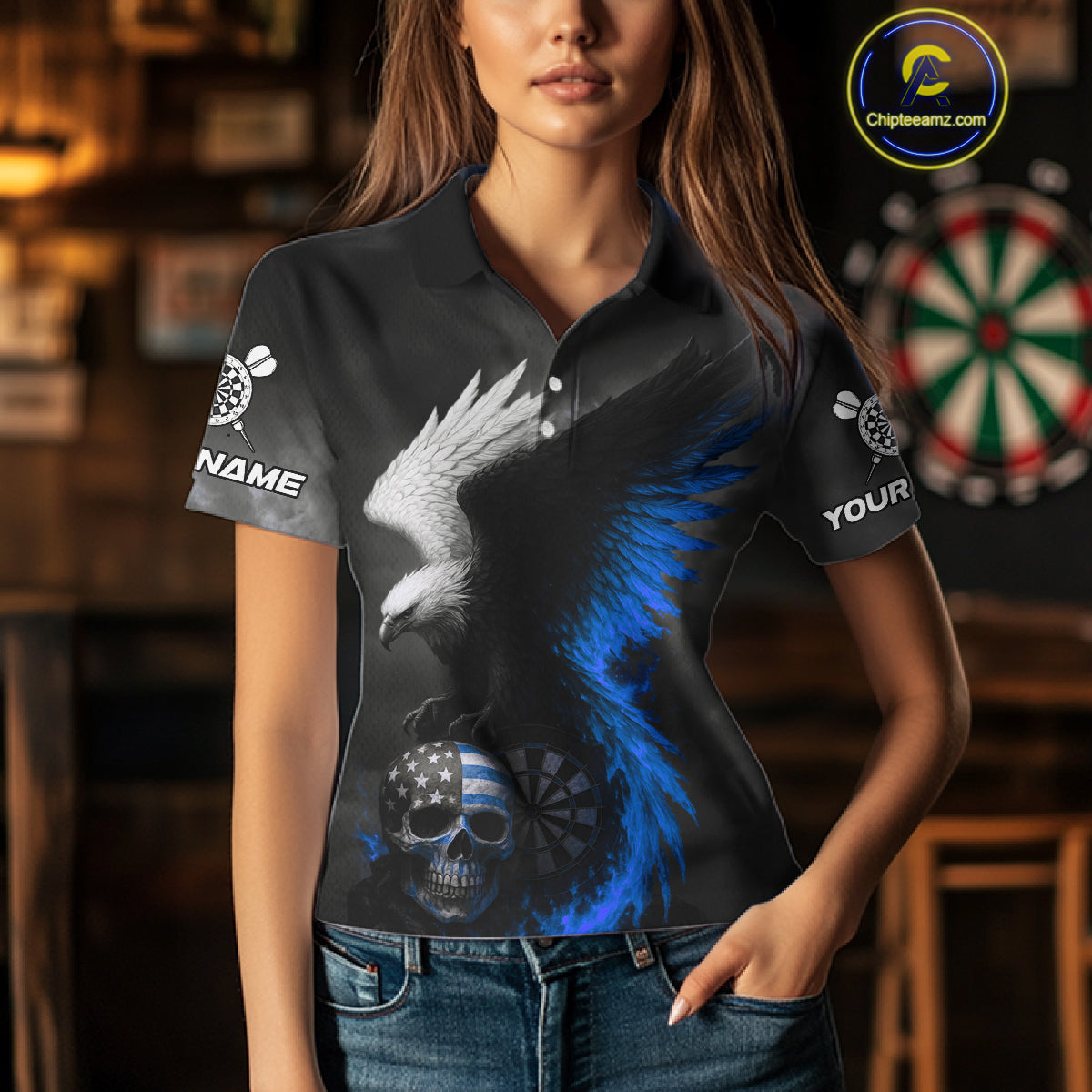 Custom Patriotic Dart Shirt For Women Personalized Skull Blue Eagle Dart Team Jerseys NYN1062