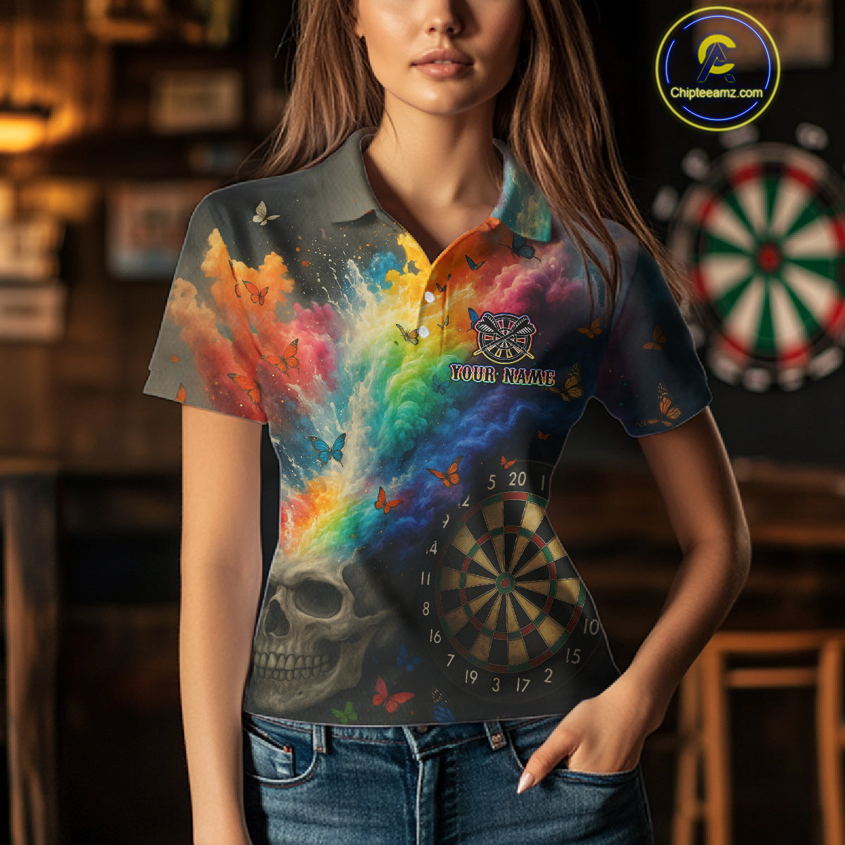 Custom Colorful Smoke Skull Dartboard Women Dart Shirt Outfits Butterflies Dart Jerseys NYN1063