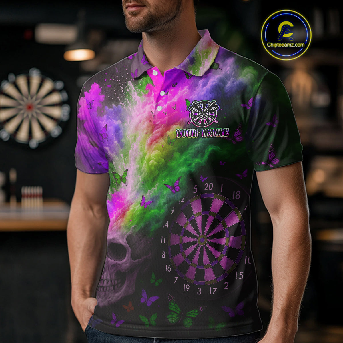 Custom Colorful Smoke Skull Dartboard Men Dart Shirt Outfits Butterflies Dart Jerseys NYN1065