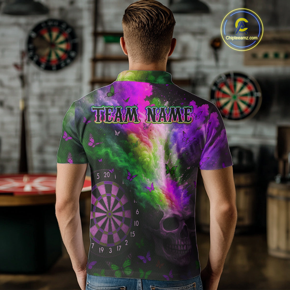 Custom Colorful Smoke Skull Dartboard Men Dart Shirt Outfits Butterflies Dart Jerseys NYN1065
