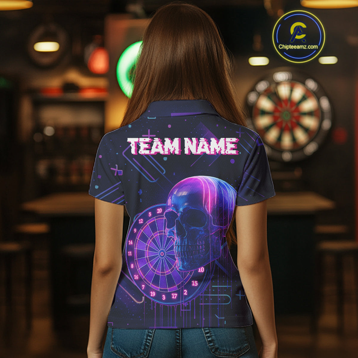 Custom Black & Purple Cyberpunk Dart Shirt For Women Neon Skull Dart Team Jerseys NYN1069