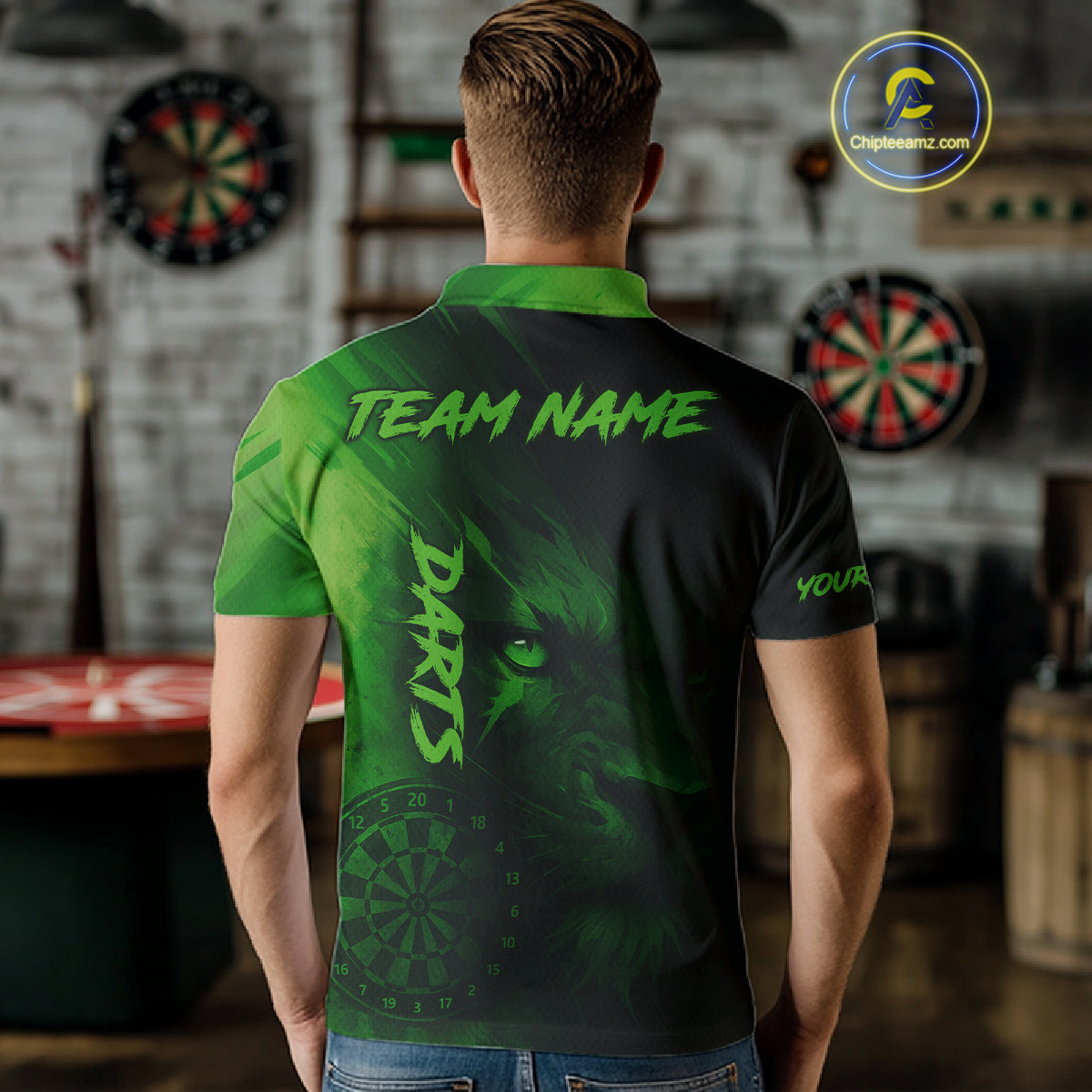 Custom Black-Green Horror Lion Dartboard Dart Polo Shirt For Men Grunge Dart Jerseys NYN1412