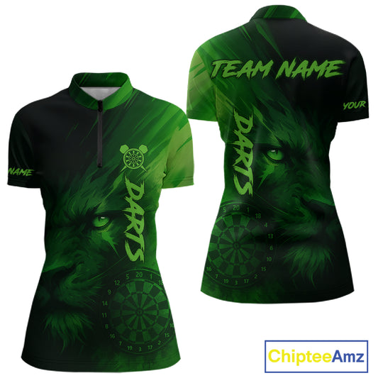 Custom Black-Green Horror Lion Dartboard Dart 1/4-Zip Shirt For Women Grunge Dart Jerseys NYN1412