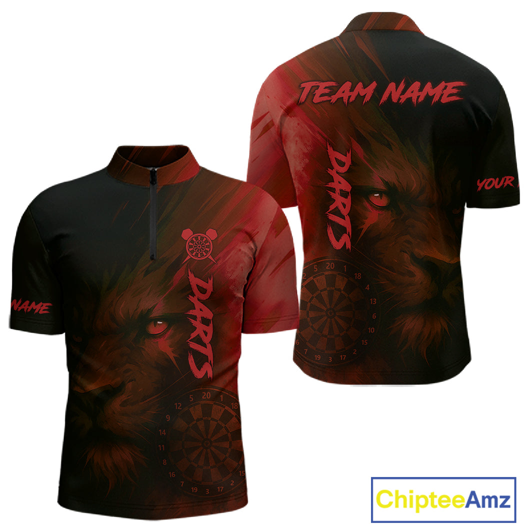Custom Black-Red Horror Lion Dartboard Dart 1/4-Zip Shirt For Men Grunge Dart Jerseys NYN1413