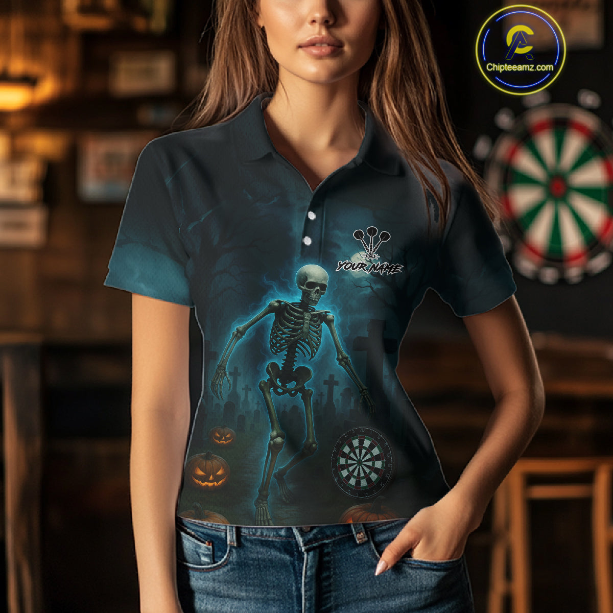 Custom Black And Blue Skull Halloween Darts Shirt For Women Outfits Skull Darts Jersey NYN1086