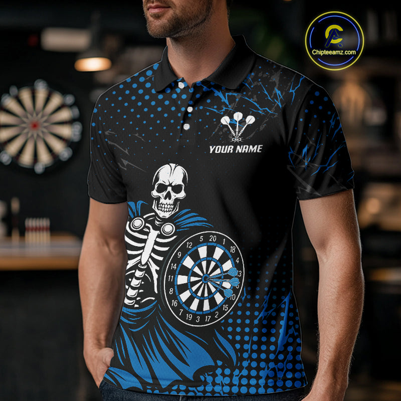 Black Blue Dartboard Skeleton Grunge Men's Darts Shirt - Custom Name For Players NYN0567