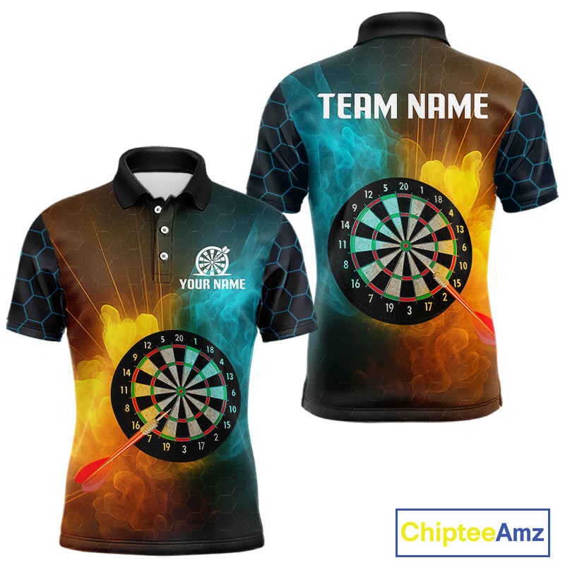 Turquoise & Yellow Smoke Dartboard Darts Shirt For Men - Custom Name & Team Jersey NYN0587