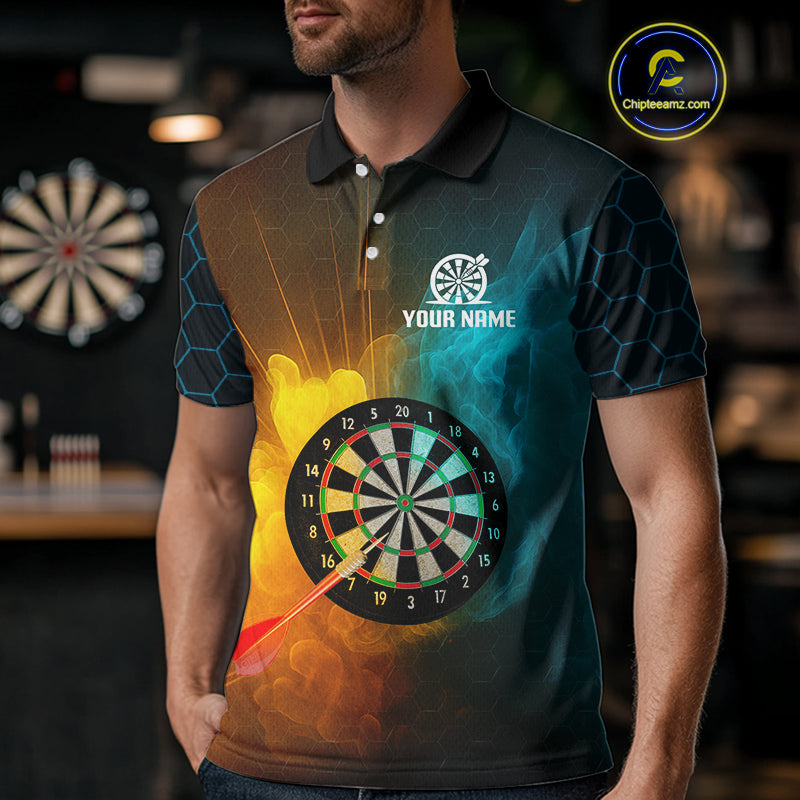 Turquoise & Yellow Smoke Dartboard Darts Shirt For Men - Custom Name & Team Jersey NYN0587