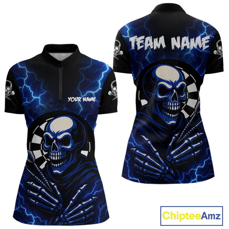 Thunder Lightning Skeleton Dartboard Blue Darts Shirt For Women - Custom Name & Team  NYN0591