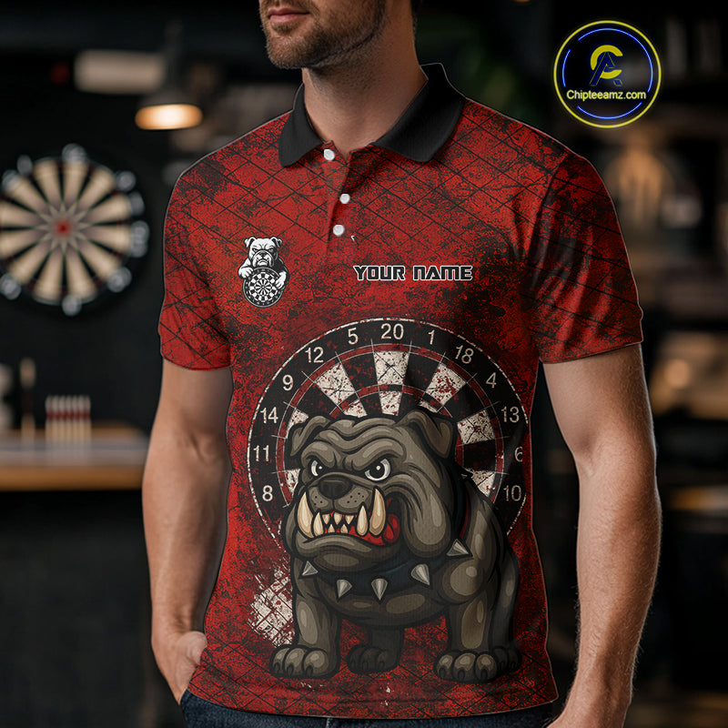 Bull Dog And Dartboard Red Grunge Darts Shirt For Men - Custom Name & Team Jersey NYN0596