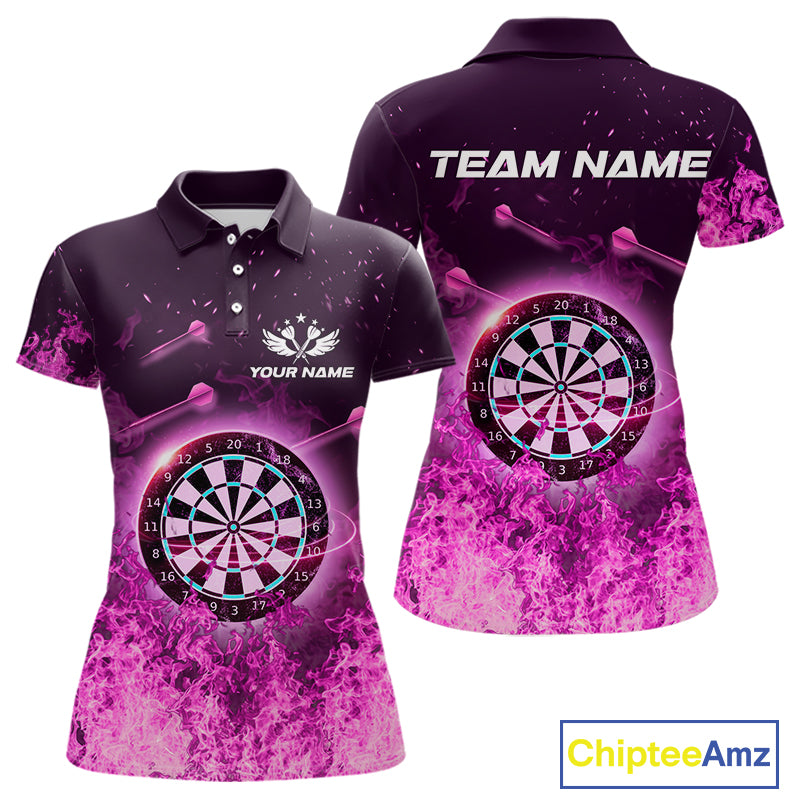 Personalized Pink Flame Dartboard Custom Dart Polo Shirts For Women, Dart Team Jerseys NYN0788