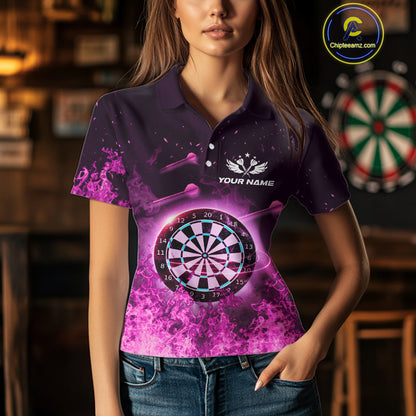 Personalized Pink Flame Dartboard Custom Dart Polo Shirts For Women, Dart Team Jerseys NYN0788