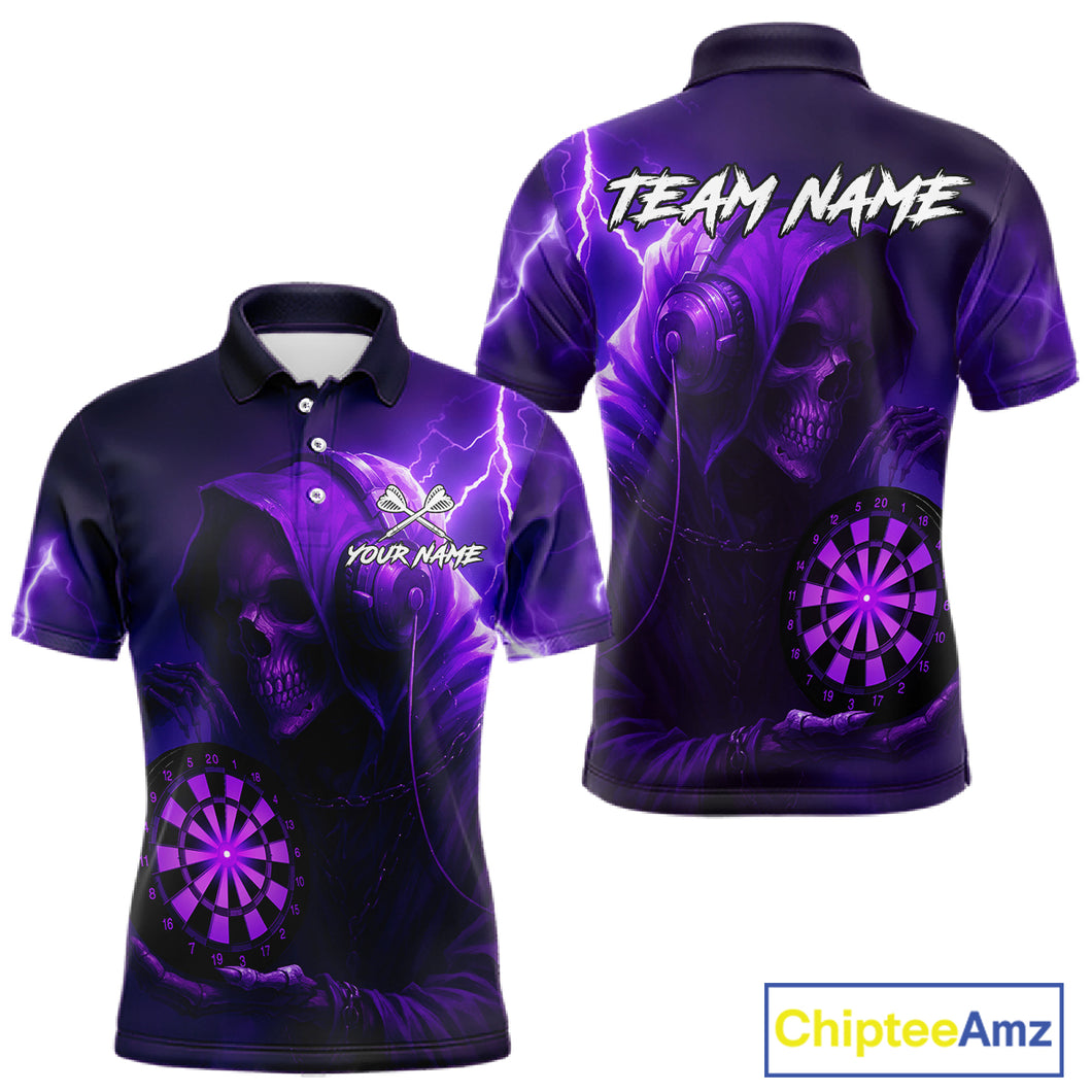 Custom Funny Skull Darts Shirt For Men Personalized Purple Dartboard Dart Team Jerseys NYN1159