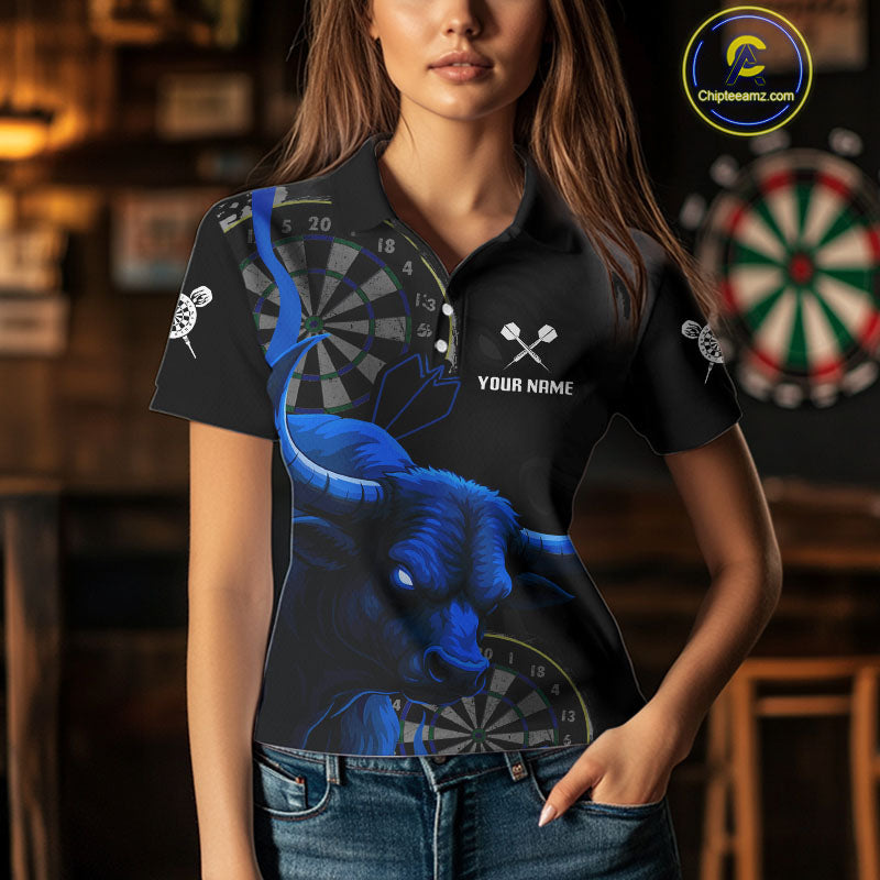 Blue Ferocious Bull Grunge Dartboard Darts Shirt For Women - Custom Name & Team Jersey NYN0610