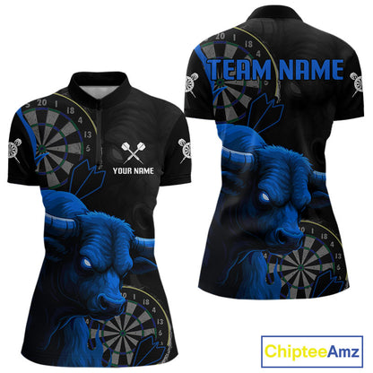 Blue Ferocious Bull Grunge Dartboard Darts Shirt For Women - Custom Name & Team Jersey NYN0610