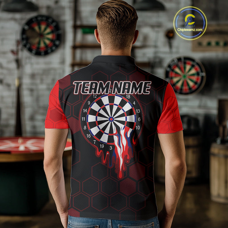 Red Dripping Dartboard & US Flag Men's Darts Polo Shirt - Custom Name For Dart Players NYN0800