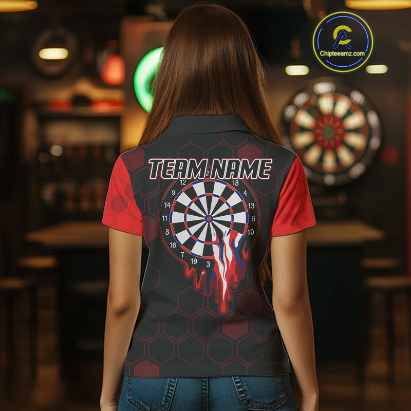 Red Dripping Dartboard & US Flag Women's Darts Polo Shirt - Custom Name For Dart Players NYN0800