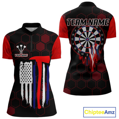 Red Dripping Dartboard & US Flag Women's Darts 1/4-Zip Shirt - Custom Name For Dart Players NYN0800