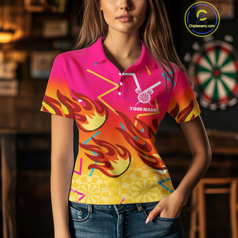 Flames In Vibrant Pink & Yellow Darts Funny Shirt For Women - Custom Team Name NYN0373