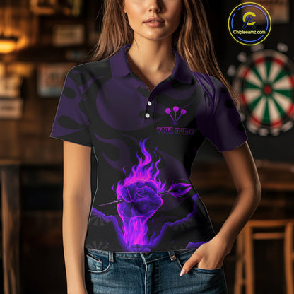 Flaming Hand & Dart Arrow Darts Shirts For Women - Custom Name & Team | Opt2 - Purple NYN0640