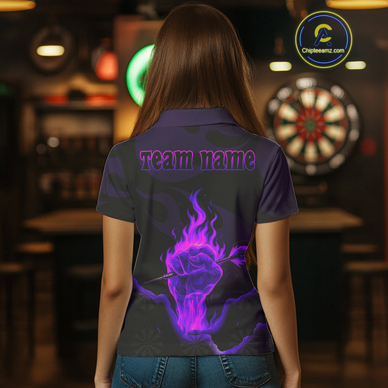 Flaming Hand & Dart Arrow Darts Shirts For Women - Custom Name & Team | Opt2 - Purple NYN0640