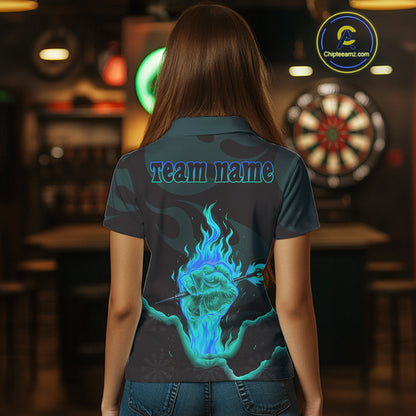 Flaming Hand & Dart Arrow Darts Shirts For Women - Custom Name & Team | Opt3 - Turquoise NYN0641