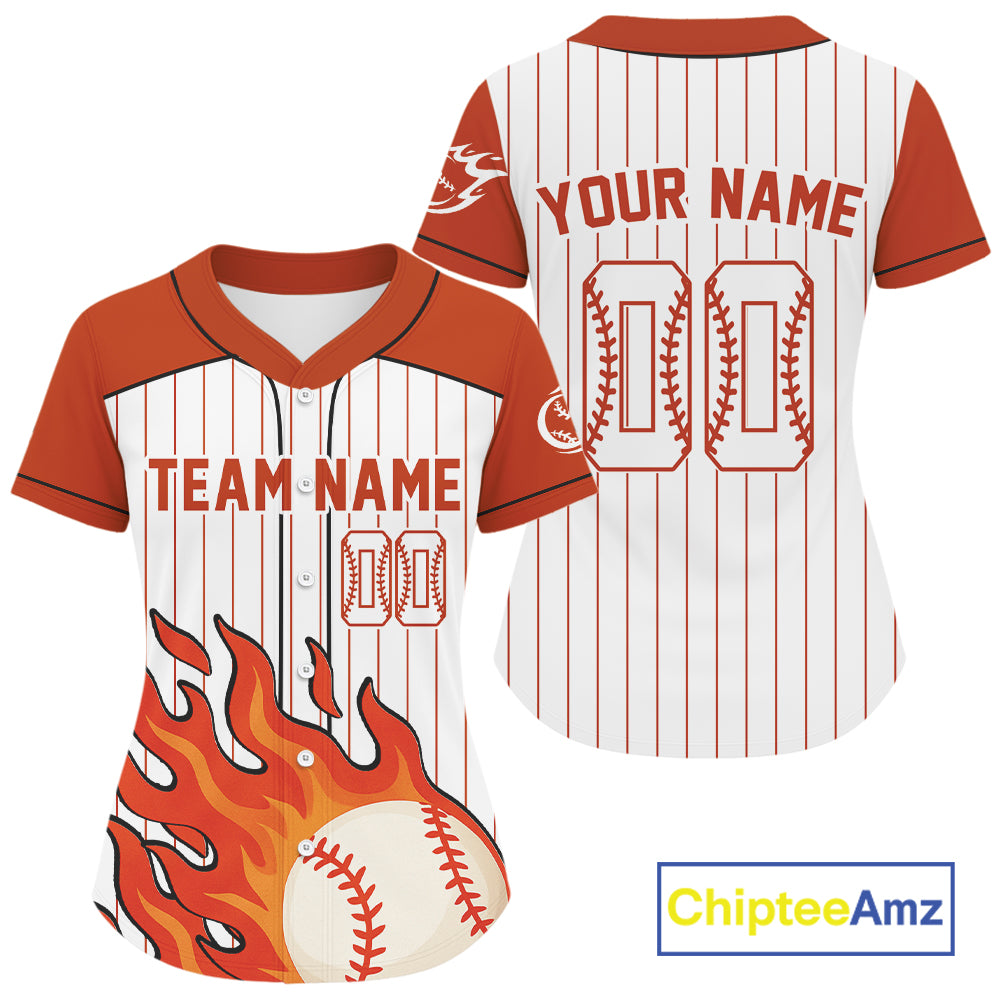 Orange Flame Baseball Ball Jersey For Women Custom Pinstripe Baseball Shirt NYN0820