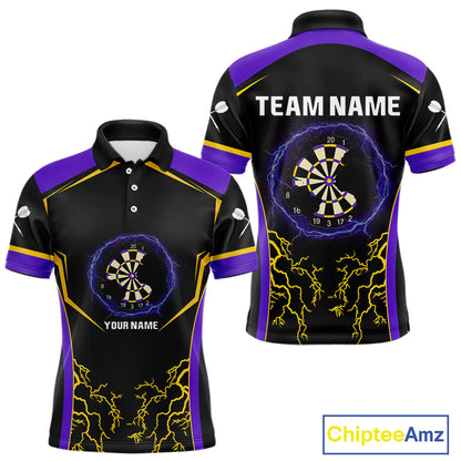 Yellow And Purple Lightning Scratched Dartboard Darts Shirt For Men - Custom Name NYN0383