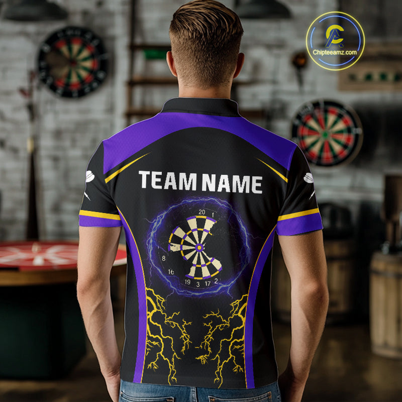 Yellow And Purple Lightning Scratched Dartboard Darts Shirt For Men - Custom Name NYN0383