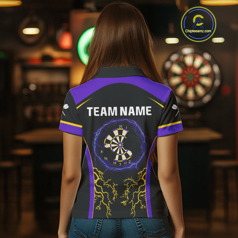Yellow And Purple Lightning Scratched Dartboard Darts Shirt For Women - Custom Name NYN0383