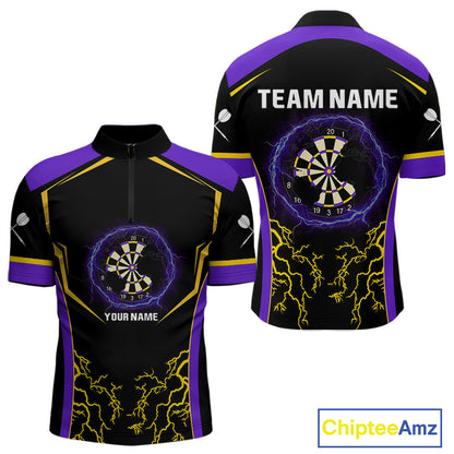 Yellow And Purple Lightning Scratched Dartboard Darts Shirt For Men - Custom Name NYN0383