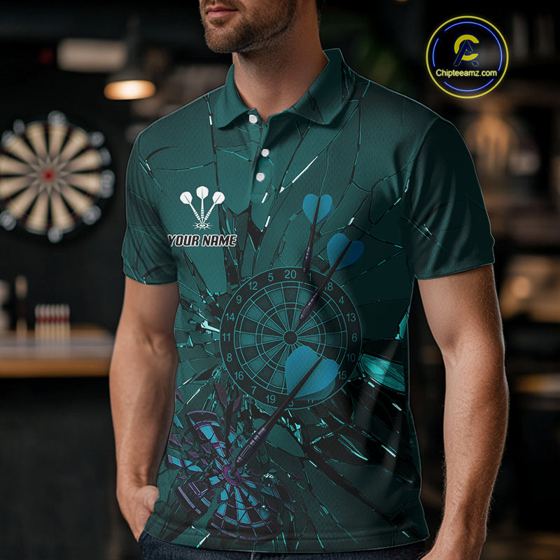 Cracked Dartboard Broken Glass Men's Darts Shirt Custom Name & Team | Opt1 - Dark Teal NYN0653