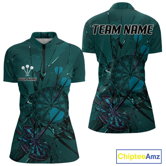 Cracked Dartboard Broken Glass Women's Darts Shirt Custom Name & Team | Opt1 - Dark Teal NYN0653