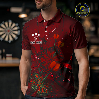 Cracked Dartboard Broken Glass Men's Darts Shirt Custom Name & Team | Opt2 - Red NYN0654