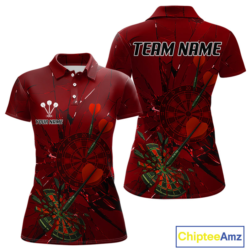 Cracked Dartboard Broken Glass Women's Darts Shirt Custom Name & Team | Opt2 - Red NYN0654