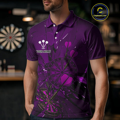 Cracked Dartboard Broken Glass Men's Darts Shirt Custom Name & Team | Opt3 - Purple NYN0655
