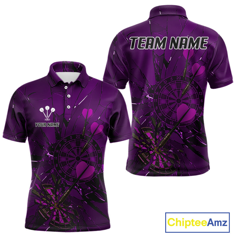 Cracked Dartboard Broken Glass Men's Darts Shirt Custom Name & Team | Opt3 - Purple NYN0655