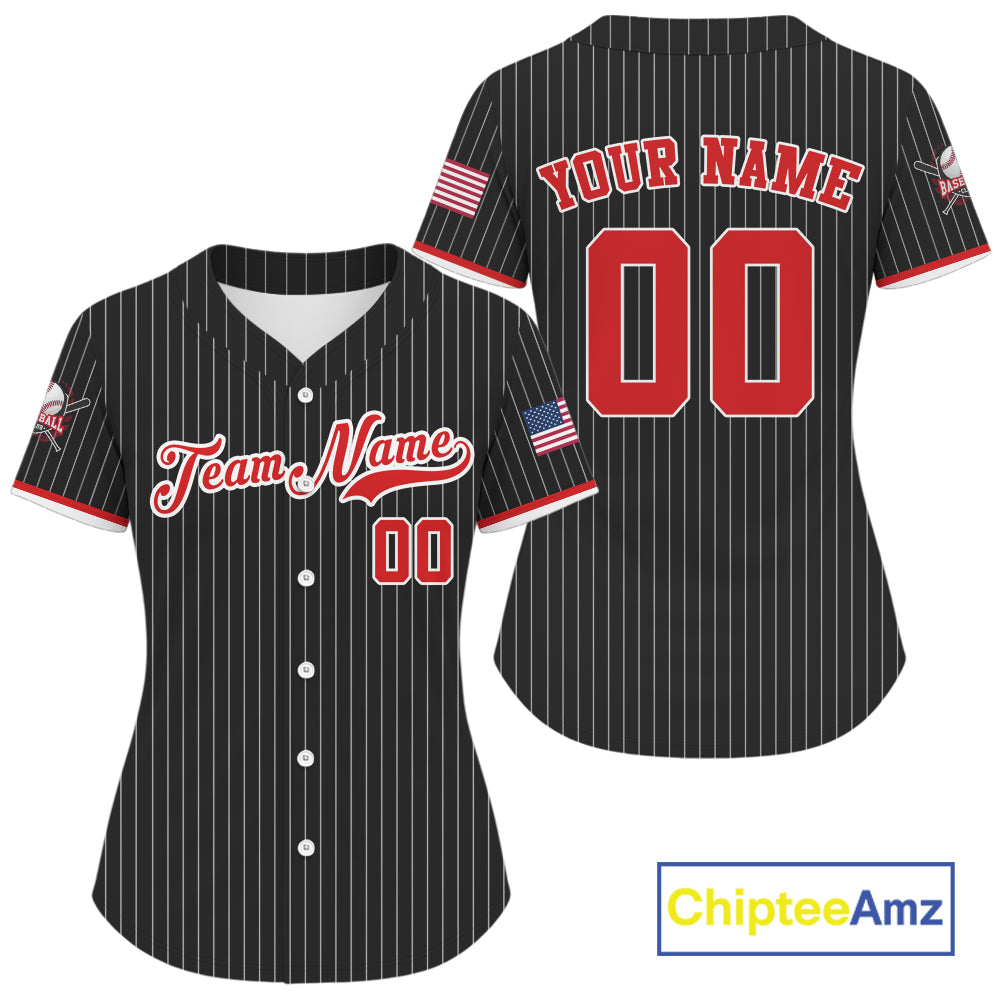 Women's Red Pinstripe Patriotic Baseball Jersey Custom USA Flag Baseball Shirt For Fans NYN0863
