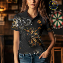 Load image into Gallery viewer, Black Ferocious Wolf &amp; Gold Dartboard Darts Team Shirt For Women - Customizable Name NYN0389