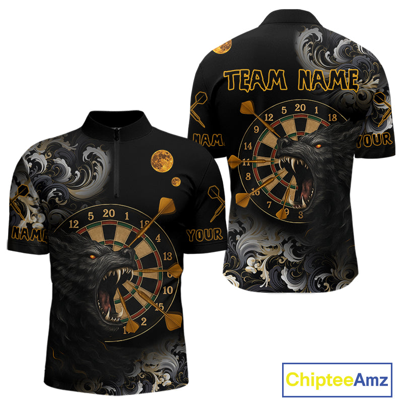 Black Ferocious Wolf & Gold Dartboard Darts Team Shirt For Men - Customizable Name NYN0389